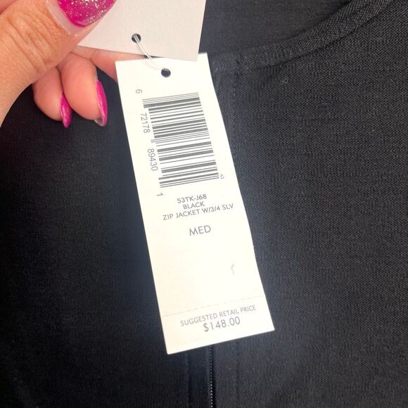 Eileen Fisher Jacket Women’s M Black Washable Stretch Crepe 3/4 Sleeve Full Zip - Picture 4 of 7